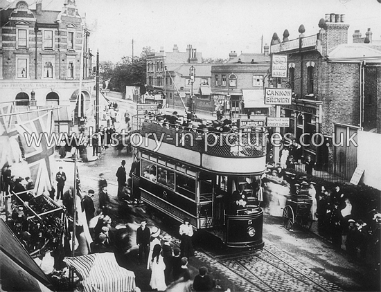 The First Passenger Car at The Bakers Arms public House and Junction, Leyton, London. June 3rd 1905.